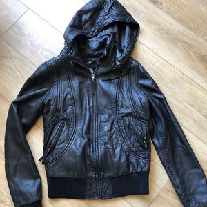 AQUA Real Leather Bomber Hooded Jacket